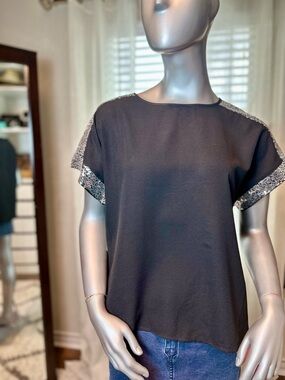 SHEIN Black Short Sleeve Top with Sequin Detail Medium